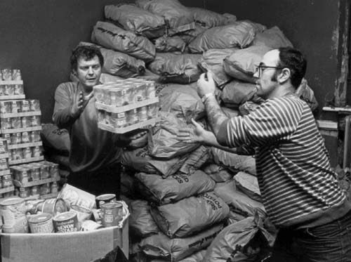 Striking miners stacking food donated from support groups.